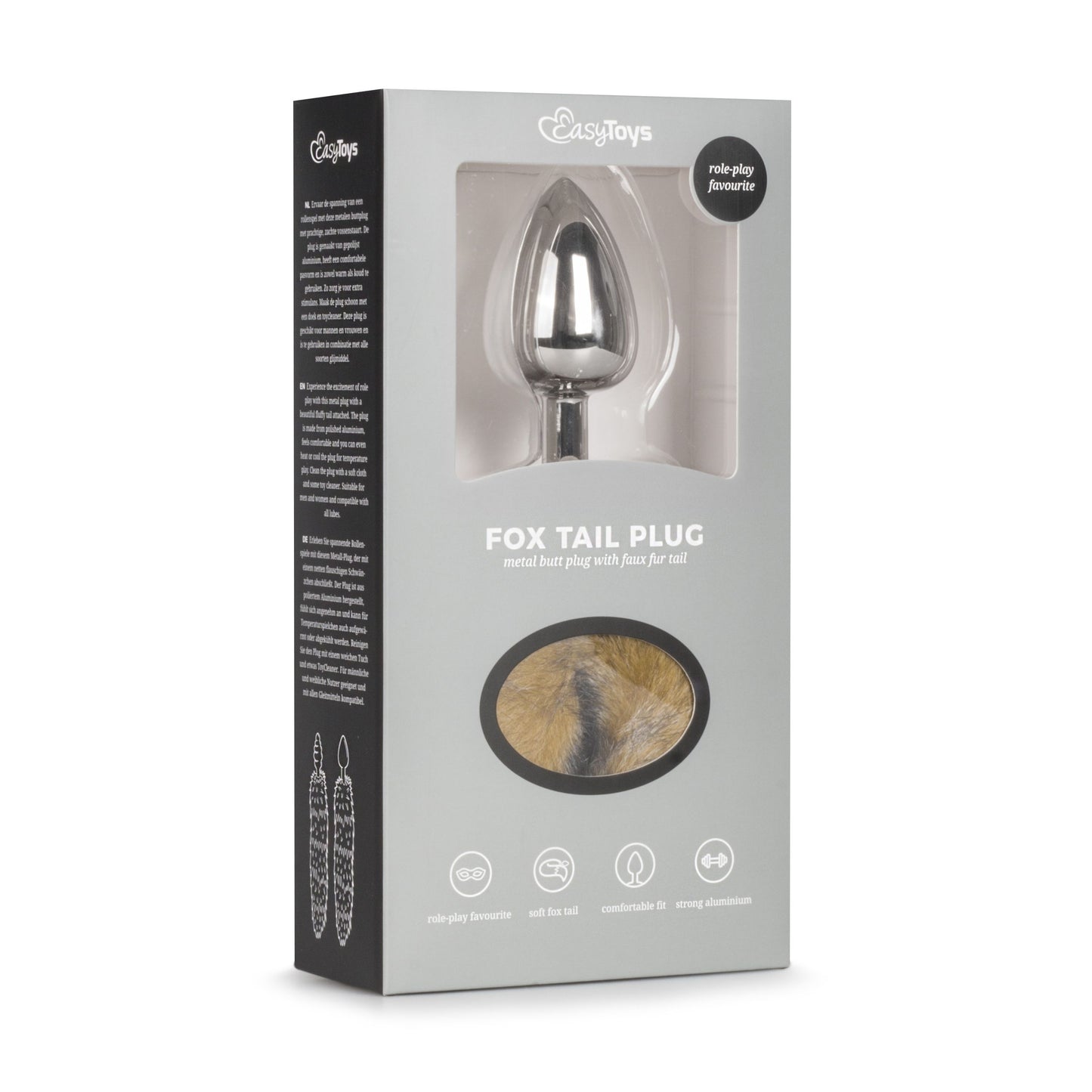 Medium zilverkleurige buttplug met gestreepte vossenstaart