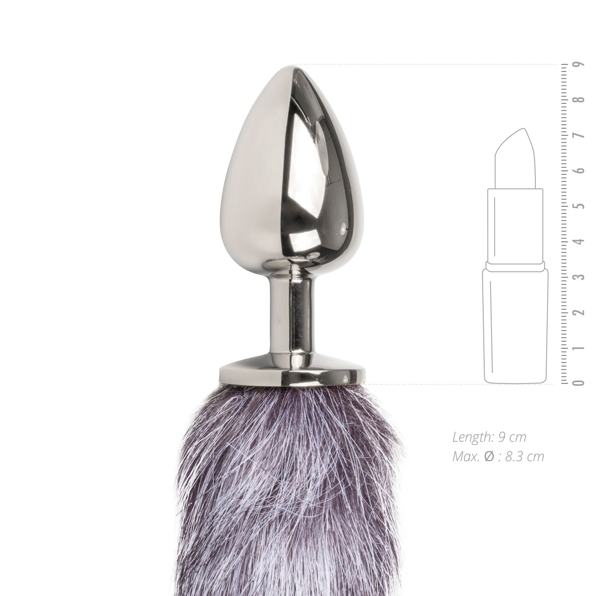 Grote zilverkleurige buttplug met grijze vossenstaart