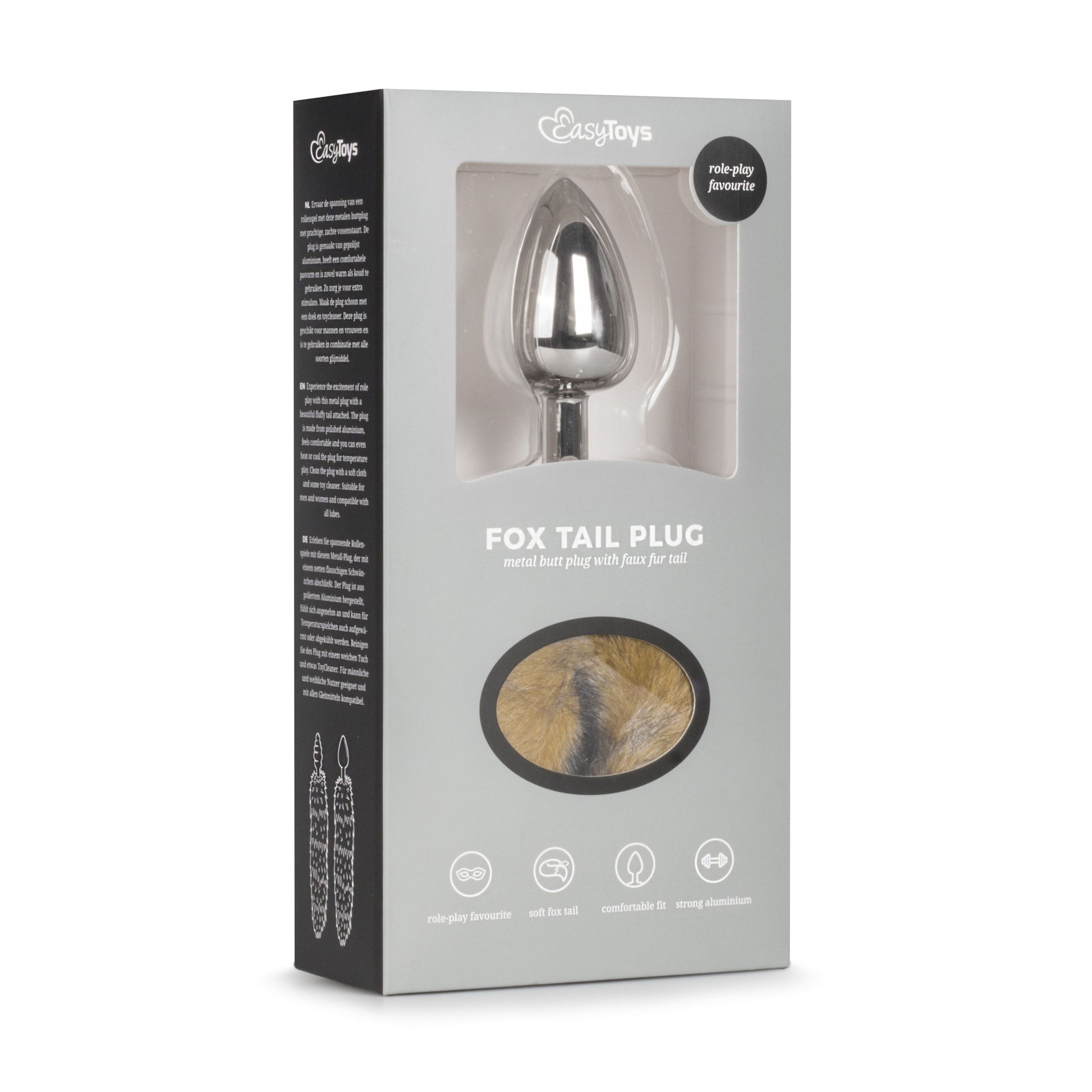 Medium zilverkleurige buttplug met gestreepte vossenstaart